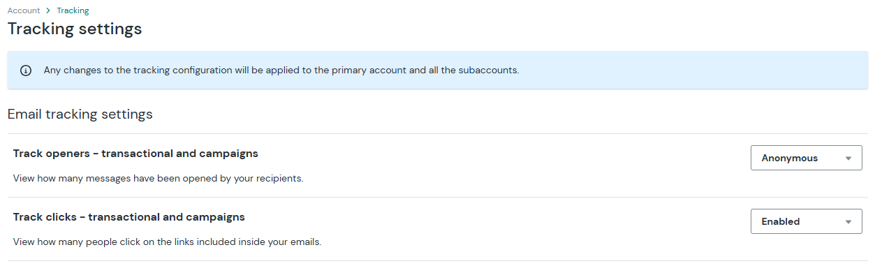 Email tracking settings in Mailjet