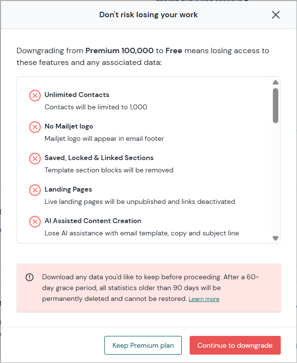 Confirm your Mailjet plan downgrade